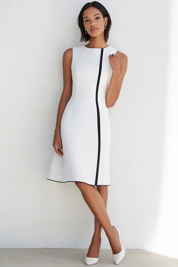 White A Line Round Neck Satin Sleeveless Midi Formal Dress